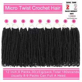 Leeven 12 Inch 9 Packs Micro Twist Crochet Hair Bob Crochet Braids Pre looped Mini Passion Twist Mini Senegalese Twist Crochet Hair Micro Braids Crochet Hair Extensions 1B#