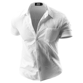 JOGAL Men's Casual Button Down Muscle Fit Shirts Short Sleeve Solid Lightweight Shirts Textured Summer Beach Wedding Shirts White Large