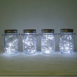 Decorman - Juego de 4 luces solares para tarro de cristal, 30 luces LED con 4 perchas para patio, patio, jardín, fiesta, boda, decoración de Navidad (tarros no incluidos) (4 unidades), color blanco frío