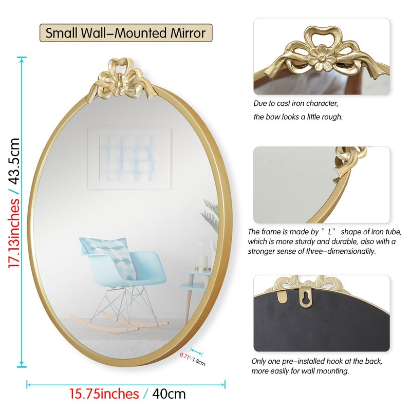 BITALYE 15.75" Small Bow Decorative Round Mirror,Gold Metal Frame Circle
