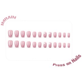 IMRAIN Press on Nails Short Square Fake Nails with Flower Designs White French Tips Artificial False Nails Glossy Glitter Glue on Nails Full Cover Stick on Squoval Nails for Women Girls 24Pcs