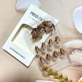 TBRZTR Gold French Tip Press on Nails Medium Almond Shaped 3D Irregular False Nails with Stars Design Rhinestones Acrylic Nails Full Cover Coffin Nails Reusable Glue on Nails for Women 24Pcs