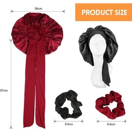 RVLZKCPG 2Pcs Satin Bonnet, Large Silk Bonnet for Sleeping, Adjustable Silk Hair Bonnet Silk Sleep Cap with Tie Band Hair Wrap for Women Long, Straight, Curly Hair Black/Burgundy