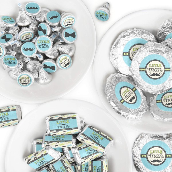 Dashing Little Man Mustache Party - Mini Candy Bar Wrappers, Round Candy Stickers and Circle Stickers - Baby Shower or Birthday Party Candy Favor Sticker Kit - 304 Pieces