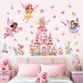 wondever Flower Fairy Castle Wall Stickers Elves Butterfly Girl Floral Peel and Stick Wall Art Decals for Baby Nursery Kids Girls Bedroom