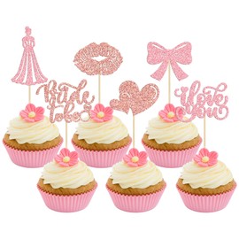24 piezas de decoración para magdalenas de novia a ser con purpurina, pajarita de labios, princesa, te amo a ti, despedida de soltera, para bodas, compromisos, decoraciones de pasteles, color rosa