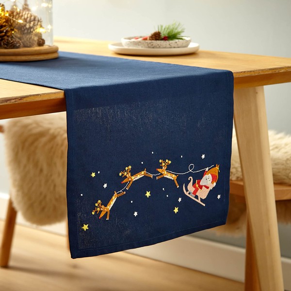 Catherine Lansfield Dining Santa's Christmas Wonderland Cotton Indoor 33x220 cm Table Runner Navy Blue