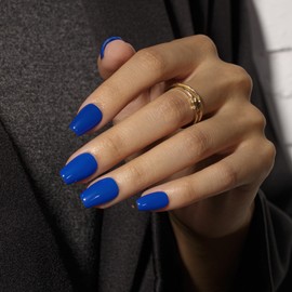 KQueenest Royal Blue Press On Nails Short - Summer Press On Nails Coffin, Sheer Vibrant Bright Navy Blue Fake Nails with Glue, Glossy Opaque, Reusable Soft Gel Glue on Nails for Women, 30 Pcs