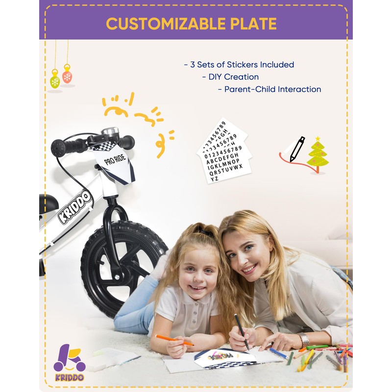 KRIDDO Pro Toddler Balance Bike for 2+ Year Old, 12