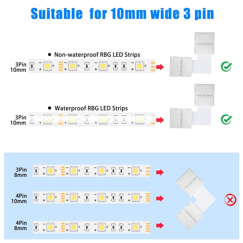 Yetaida 10PCS 3-Pin LED Strip Connectors, 10mm L-Shaped Corner Light