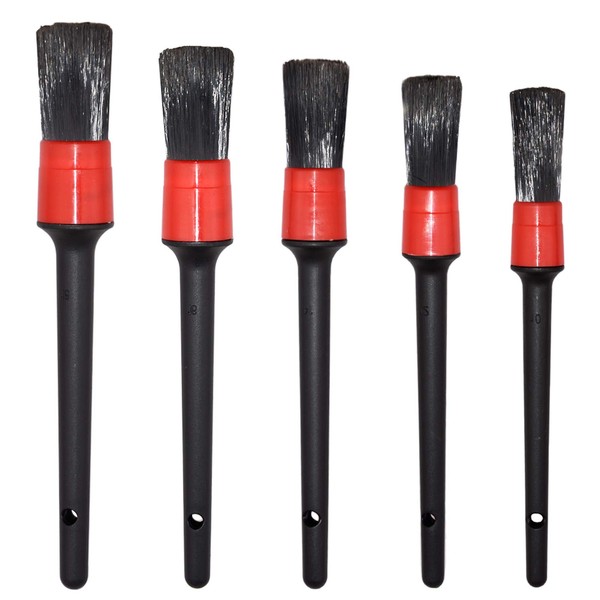Detailing Brush Set -5 Different Sizes Premium Natural Boar Hair Mixed Fiber Plastic Handle Automotive Detail Brushes for Cleaning Wheels, Engine, Interior, Air Vents, Car, Motorcy