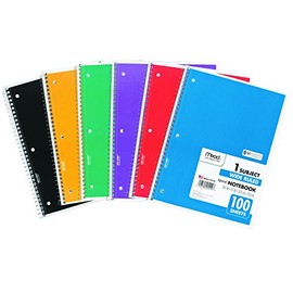 Mead Spiral Notebook, 1 Subject, Wide Ruled Paper, 100 Sheets, 10-1/2" x 8", Color Selected For You (05514)