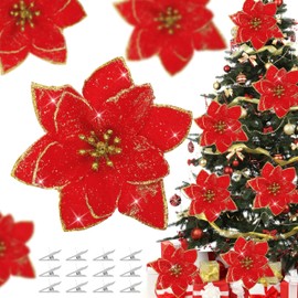 OCTERIC 36 Pcs Christmas Glitter Poinsettia Flowers Artificial Flower Ornaments Fake Flower Decorations Glitzy Poinsettia with Clips for Xmas Tree Wreaths Holiday Home Party Deco (Red)