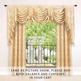 ELKCA Golden Jacquard Swag Waterfall Valance Luxury Curtain Valance for Living Room,Rod Pocket (Damask-Golden, W79 Inch, 1 Panel)