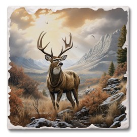 Thirstystone Woodland Deer 4-Pack Tumbled Tile Stone Coasters with Protective Cork Backing Manufactured in The USA