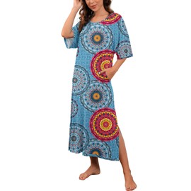 PrinStory Womens Long Nightgown Round Neck Nightshirts Short Sleeve Loose Loungewear Casual Sleep Dress With Pockets FP-Mix Blue-X-Large