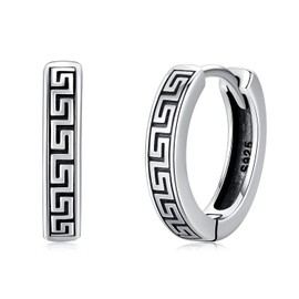 Twoowl Vintage Earrings for Men Women 925 Sterling Silver Greek Cutout Pattern Mens Earrings Textured Thick Hoop Huggie Earrings Jewelry Gift for Women Men