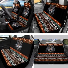 PCSJRKG Wolf Aztec Style Printed 15 Pcs Car Seat Cover Full Set, Protective Car Accessory Set Steering Wheel Cover Seat Belt Covers Car Coaster Car Headrest Cover