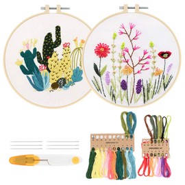 Embroidery Starter Kit with Pattern and Instructions, 2 Sets Complete Embroidery Kit for Beginners, Cross Stitch Kit with Embroidery Hoop, Color Thread Tools