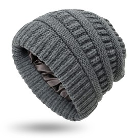 Muryobao Gorro de punto cálido de satén con forro de seda para mujer, gorro de punto grueso y holgado, Gris oscuro, Talla única