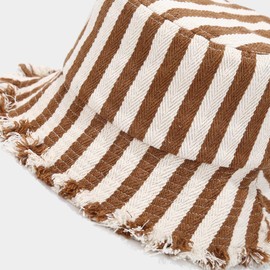 Quanhaigou Frayed Unisex Sun Hats, Fashion Beach Bucket Hat for Men Women,Summer Outdoor Boy's Girls Boonie Cap (Stripe Beige Brown)