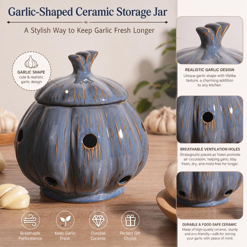 Ceramic Garlic Keeper Storage Holder Jar with Lid, Kitchen Countertop