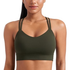 CRZ YOGA Butterluxe Women's Strappy Sports Bra Without Underwire Padded Sports Bra Yoga Bustier Workout Gym Crop Top, olive green, M