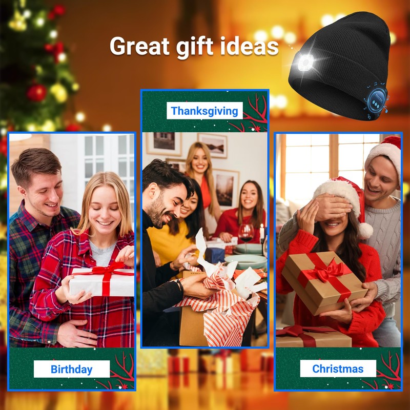 Bluetooth Beanie Headphone Hat with Light, Unique Tech Gifts for