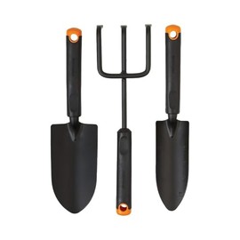 Fiskars - Juego de herramientas de jardín de 3 piezas, paleta, trasplantador, cultivador, cabezales de acero resistentes al óxido, asas ergonómicas para plantar, excavar y airear el piso