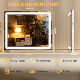 Batuso Vanity Mirror with Lights, 25.6'' x 22'' Lighted Makeup Mirror, Touch Screen with 3-Color Lighting, Dimmable for Vanity Desk Tabletop Round White