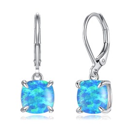 CiNily Square-Cut Opal Earrings Leverback Drop Earrings for Women Hypoallergenic, Pendant Earrings 14K White Gold Dangle Earrings Blue Opal Hoops Birthday Wedding Mothers Day Jewelry