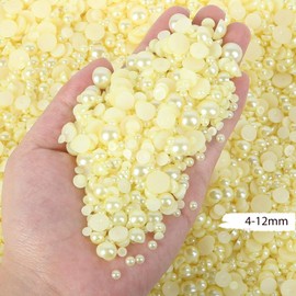 Flatback Pearls for Crafting 3000PCS Mixed Sizes 4/5/6/8/10/12mm Half Pearls for Crafts Faux Lt.Yellow Half Round Flat Back Pearl Beads for Nail Art Tumbler Clothes Shoes Crocs Wedding Decoration