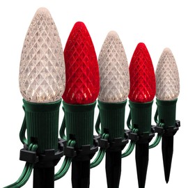 Wintergreen Lighting 50’ OptiCore LED Red and Warm White Pathway Christmas Lights, C9 Outdoor Path Lights, 4.5” Stakes, Green Wire Plug String Lights