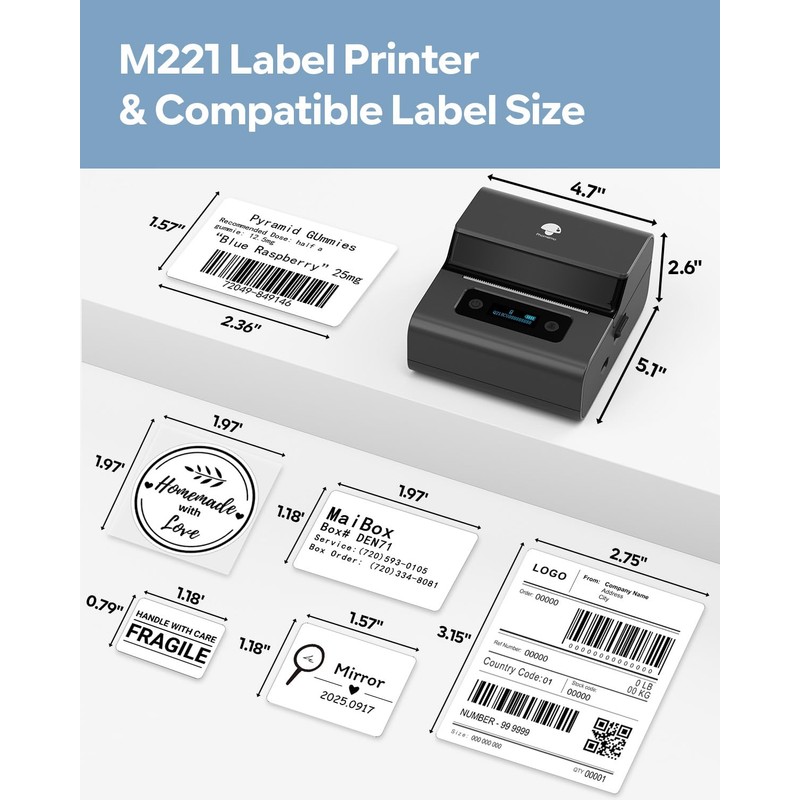 Phomemo M221 Label Maker, New Upgraded 3 Inch Bluetooth Thermal,