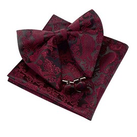 Gusleson Paisley Burgundy bow tie Adjustable Pre-tied Big Bowtie and Pocket Square Cufflink Set (UK0613-01)