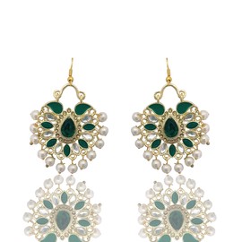 Moonstruck Traditional Indian Chandbali Kundan Hoop Earrings With Pearls for Women (Emerald, Zinc Alloy)