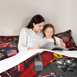 American Flag Comforter Set Full Size, Cartoon Fire Truck Bedding Set 3pcs for Kids Teen Girls Boys Room Decor, Fire Fighting Supplies Quilt Set Duvet Insert with 2 Pillowcases