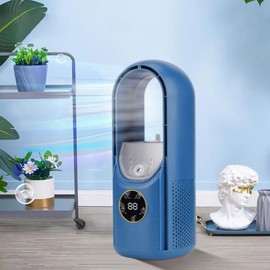 Bladeless Desk Fan, 2 in 1 Water Misting Fan Small Bladeless Fan with 6 Speed and Timer, USB Rechargeable Quiet Table Fan with Mister and Color LED Light for Bedroom Office Desktop Outdoor, Blue