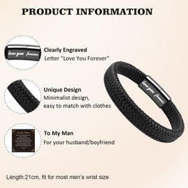 Kessofera Mens Leather Bracelet Gift, Engraved Love You Forever Bracelets for Fathers Day Birthday Graduation Christmas, Braided Rope Leather Wristband for Dad Daddly Son Grandpa Husband Him