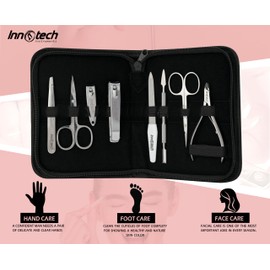 Innotech Instruments Nail Set 8-Piece Stainless Steel Manicure Pedicure Set with Euti Tweezers, Nail Scissors, Nail Clippers