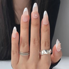 AEGYPIUS 24PCS French Press On Nails - Pearl French Tip Press On Nails French Tip Press On Nails Long Almond Nails Press On Nails Full Cover False Nails White for Women (White-Pearl)