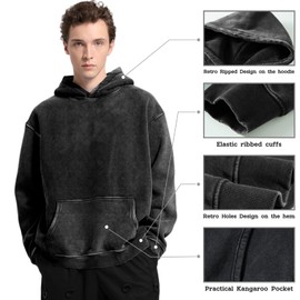 Dnzzs Men's Oversized Acid Wash Hoodies Heavyweight Cotton Fleece Sweatshirt Loose Fit Fall Winter Casual Streetwear Pullover,Black,Small