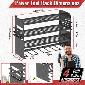 VeyFolzin.st Power Tool Organizer Wall Mount, Metal Power Tool Storage Rack with Screwdriver Holder, Garage Tool Storage Shelves with Screwdriver Holder Plier Holder (Black, 4 Drills Holder)