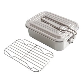 Stainless Steel Mess Tin, 0.9L Lunch Box, Lightweight Military Camping Bento Box, Folding Handle with Steaming Rack Set for Backpacking Hiking Cooking Picnic