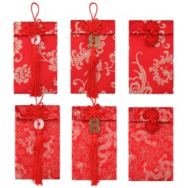 6pcs Silk Red Envelopes Chinese, Silk Hong Bao Chinese New Year Red Lucky Money Envelope with Traditional Patterns & Pendants Red Pocket for Spring Festival Birthday Wedding