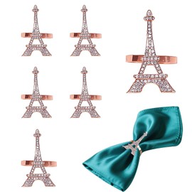 Davifina Rose Gold Napkin Rings Set of 6 Pink Eiffel Tower Napkin Rings for Napkins,Metal Napkin Holders for Cloth Napkins,Rhinestone Napkin Ring Western Dining Table Decor,Fancy Napkin Ring Holders