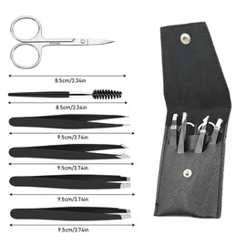 ChAusa 6 Piece Eyebrow Tweezers Set, Stainless Steel Precision Tweezers Set, Eyebrow Plucking Tweezers Set, with Leather Case, for Plucking Ingrown Hair and Eyelash Extension (Black)