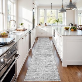 Lahome Hallway Runner 2.5x10, Floral Washable Kitchen Rug Runner Ultra-Thin Non Slip Grey Runner Rug, Neutral Boho Print Stain Resistant Long Carpet Runner for Entryway Stair (Grey, 2'5''x10')