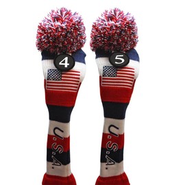 USA Majek Golf #4 & 5 Hybrid Headcovers Pom Pom Knit Limited Edition Vintage Classic Traditional Flag Stars Red White Blue Stripes Retro Head Cover