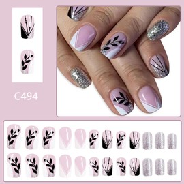 Vopintpy Medium Square Press on Nails Silver Glitter Fake Nails Black Leaf Acrylic Glue on Nails Reusable Glossy Stick on Nails for Women DIY Manicure